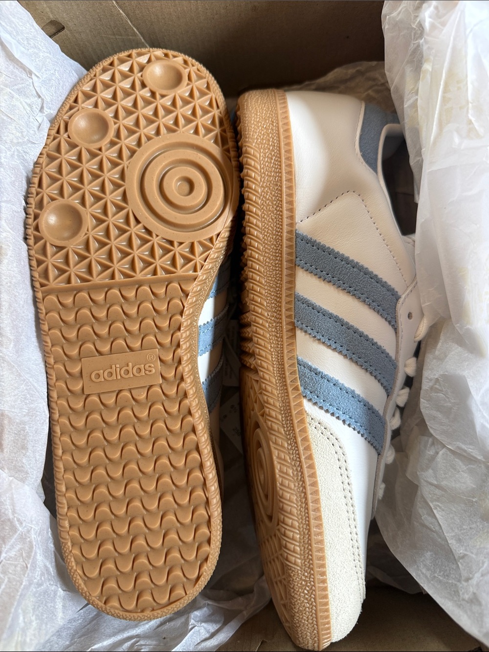 Adidas Original Samba White Leather Sneakers with Blue/Gray Stripes and Gum Sole - Picture 7 of 8